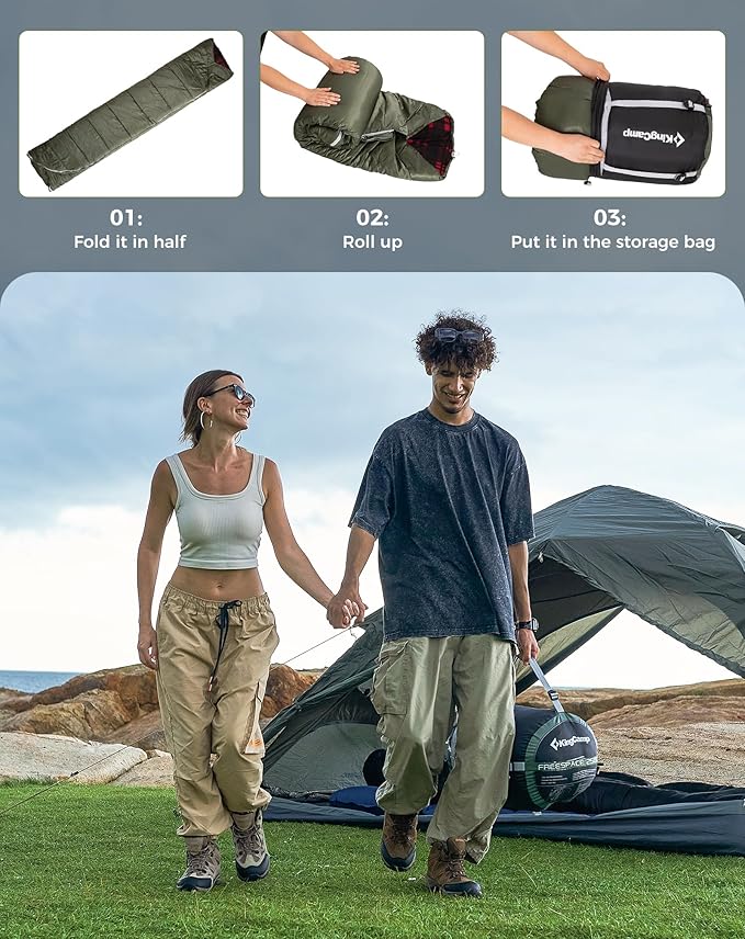 KingCamp Double Sleeping Bag for Adults Queen Size 2 Person XXL Flannel Sleeping Bag Waterproof Lightweight Flannel Quilt with 2 Pillows Perfect for Couples Family Camping Hiking