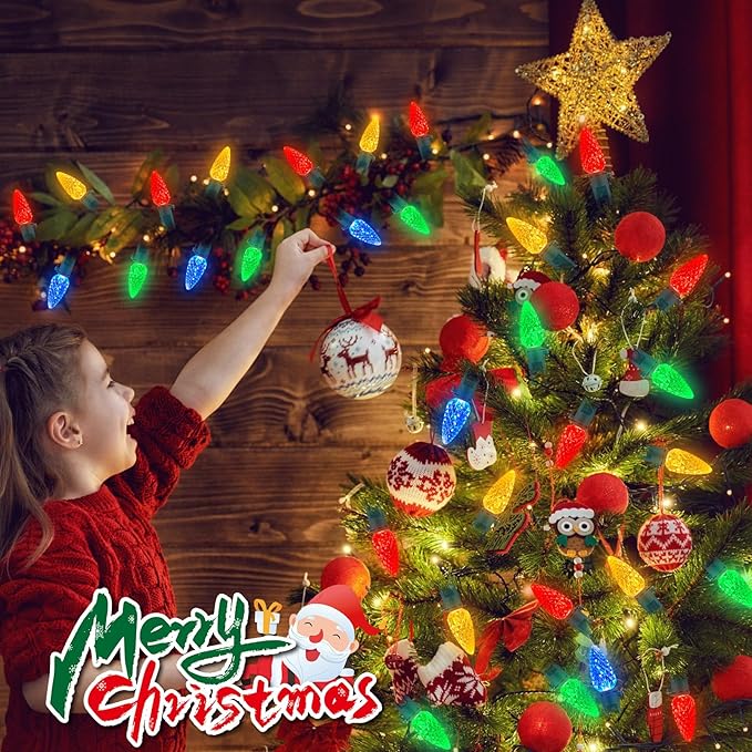 50LED C6 Christmas Lights Battery Operated 16.4FT C6 Christmas Lights Battery Powered with Timer 8 Modes Waterproof for Outdoor Garden Patio Indoor Xmas Tree Bedroom Party Multi-Color