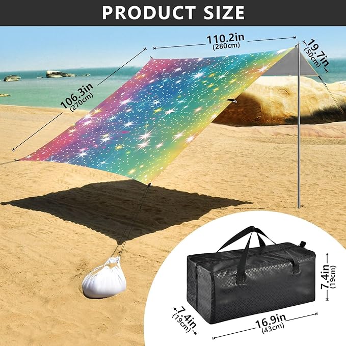 Bolaz Beach Canopy Tent Sun Shade9'×10.5' Large Family Beach Shade UPF50+- Outdoor Shade for Camping Trips FishingYellow White Flash Rainbow Gradient Pattern