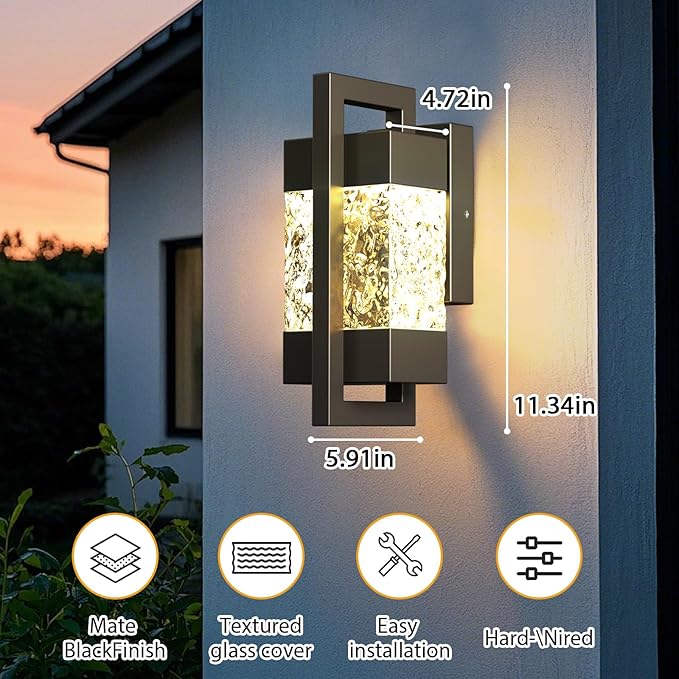 5000LM LED Outdoor Wall Light 3000K Porch Lights Outdoor with IP66 Waterproof for Outdoor Decor Matte Black Outside Wall Mount Lights for House Front Door Porch Garage Patio (2 Pack)