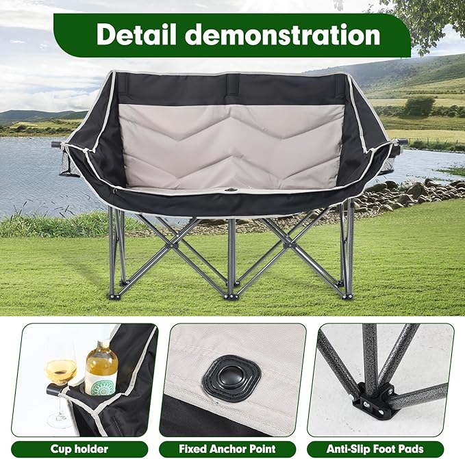 CDEN Padded Loveseat Double Camping Chair Camping Couch with Cup Holder Side Bag Wine Holder Carry Bag Foldable for Picnic Outdoors Travel (Black&ampGray