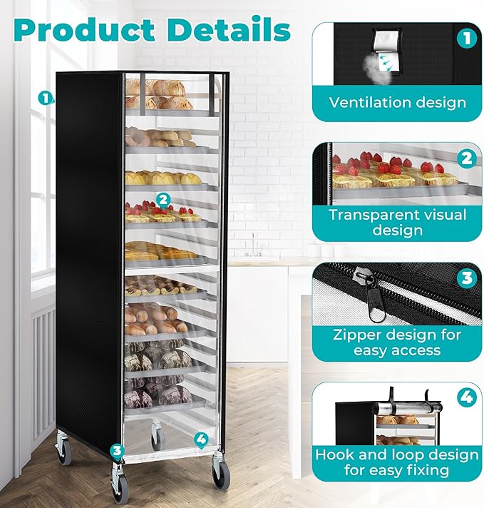Pan Rack Cover 61 x 28 x 23 Inch Bread Rack Cover 20 Tier Sheet Waterproof Bakery Holder Cover Dustproof with Zipper Breathable Mesh Vent