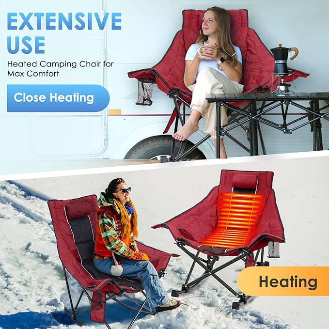 Suteck Heated Rocking Camping Chair XL Oversized Rocking Chair Outdoor with 3 Heat Levels for Back and Seat Heated Chairs Outdoor Sports W/20000mAh Power Bank for Patio Lawn Picnic Travel