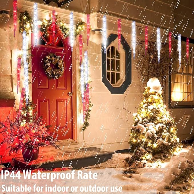 Red and White Icicle Christmas Lights - Outdoor &amp Indoor Hanging with 20 Large Tubes 29FT 8 Modes with Timer Connectable Meteor Shower Lights for Candy Cane Theme Decoration