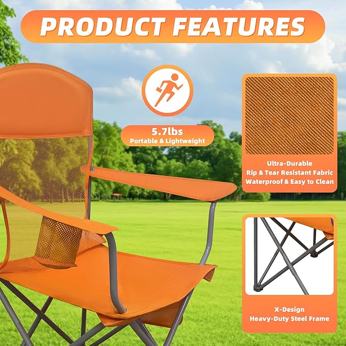 Lightweight Camping Chair for Adults 300lbs Capacity Foldable Portable Lawn Chair with Carry Bag Outdoor Chair for Camping Lawn Beach &amp Travel Orange