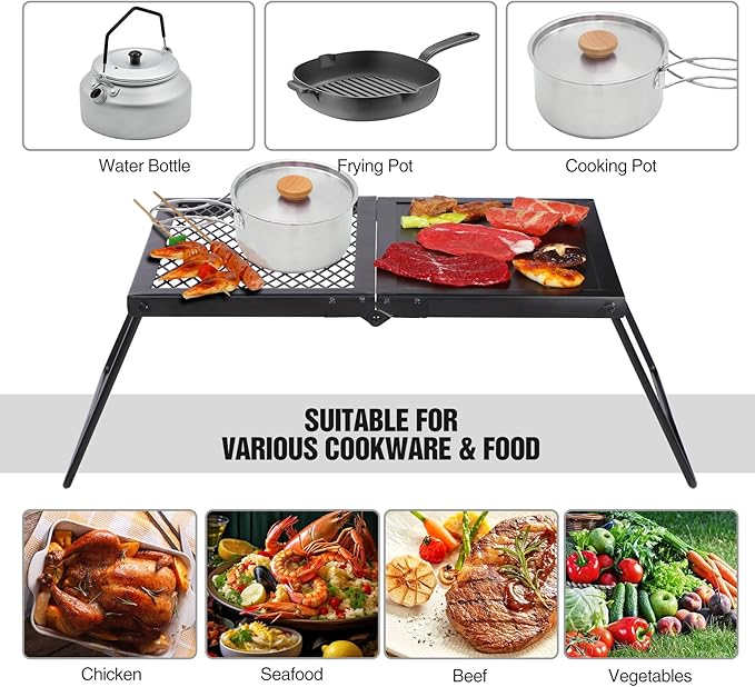 REDCAMP Folding Campfire Grill Heavy Duty Steel Grate Portable Camp Fire Cooking Racks and Griddle for Outdoor Versatile Campfire Cooking