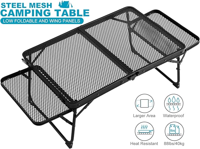 Small Low Camping Table with 2 Wing Panels Folding Low Picnic &amp Outdoor Table with 2 Shelves Lightweight &amp Easy Carry for Beach Fishing Sturdy Steel Mesh Top (3 FT Black)