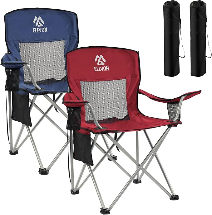 Elevon 2 Pack Camping Chair Portable Folding Chair with Arms and Side Pocket Collapsible Outdoor Chairs with Cup Holder and Carry BagNavy Blue and Burgundy
