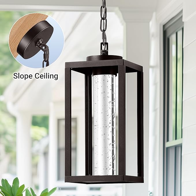 VIANIS Large Outdoor Pendant Light with Adjustable Chain 100% Aluminum Exterior Hanging Light Fixture Farmhouse Oil Rubbed Bronze Outdoor Porch Chandelier Built-in 10W LED Porch Hanging Lights
