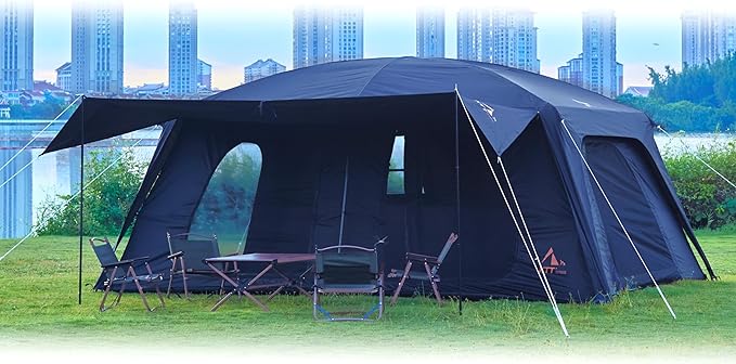 KTT Extra Large Tent 12-14 PersonFamily Cabin Tents2 RoomsStraight Wall2 Doors 4 Windows with MeshWaterproofStraight WallBig Tent for OutdoorPicnicCampingGathering(Brown)