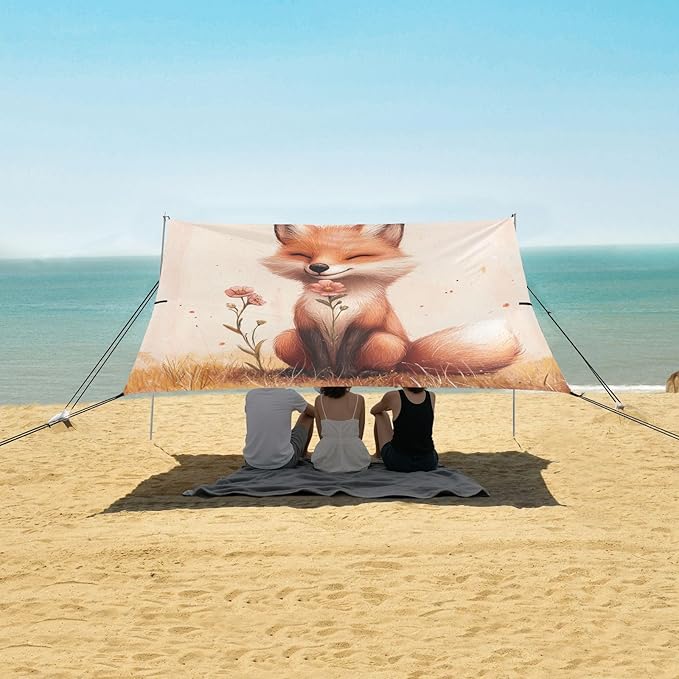 ALAZA Fox Poppy Flower Beach Tent Sun Shelter UPF50+ Protection Beach Shade Canopy w/ 4 Sandbags for Outdoor Camping Fishing Backyard Fun Picnic 10x9 ft