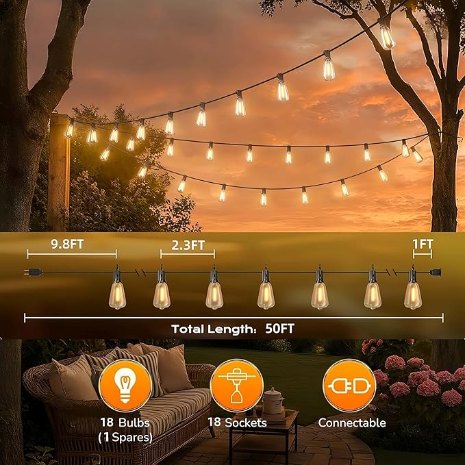 GPATIO Outdoor String Lights 50FT ST38 Bulbs Shatterproof Patio Lights Waterproof Dimmable Outside Hanging Light Connectable LED Outdoor Lights for Backyard Porch Party Garden Home Decor