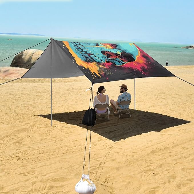 ALAZA Skull Head Art Beach Tent Sun Shelter UPF50+ Protection Beach Shade Canopy w/ 4 Sandbags for Outdoor Camping Fishing Backyard Fun Picnic 10x9 ft
