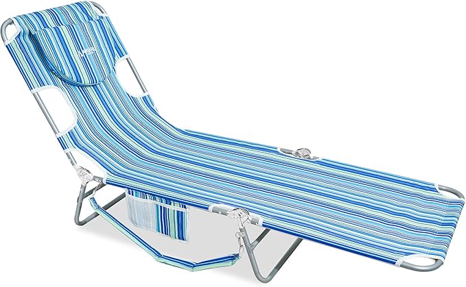 Beach Lounge Chair Outdoor Chaise Lounger with Face Hole 5-Position Reclining Beach Chair Face Down Tanning Chair with Carry StrapSide Pocket Portable Camping Cot for PatioPoolside