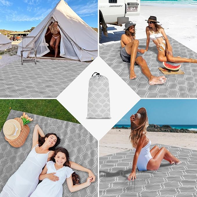 Waterproof Sandproof Beach Blanket 78×86 Large Beach Mat for 1-4 Adults Foldable Lightweight Polyester Outdoor Picnic Blanket with 4 Stakes &amp 4 Corner Pockets for Travel Camping Hiking