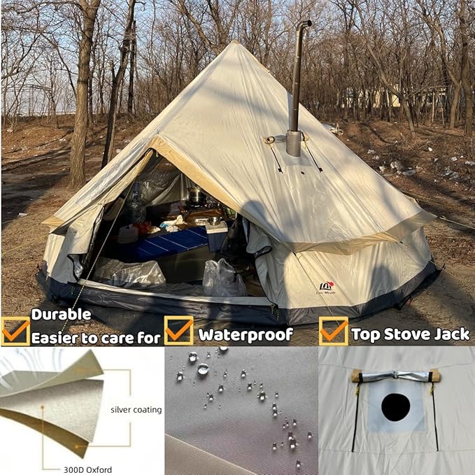 Backpacking Bell Tent with Top Stove Jack for All Year Camping 300D Oxford Waterproof Yurt Tents for GlampingPartiesOutdoor Events(Off White13ft/16.4ft)