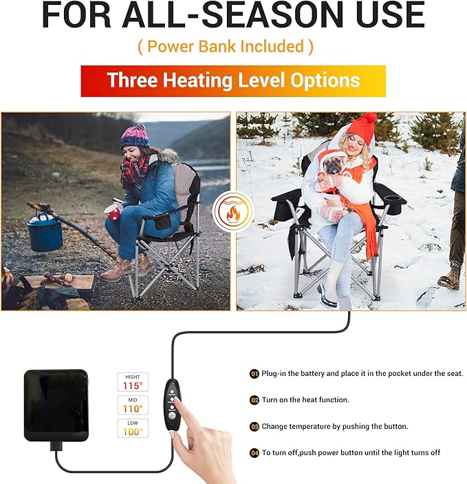 Camping Chair Folding Chair Outdoor Heated Chairs Heated Camping Chairs Adjustable Chair Back with 12V 10000mAh Battery Carry Bag Cooler Bag Cup Holder and Zippered Holder (Set of 2)
