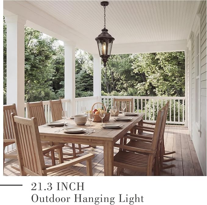 Emliviar 21.3 Modern Hanging Porch Light with Adjustable Chain Water Ripple Glass Outside Hanging Lighting in Oil Rubbed Bronze Finish XE265H-M ORB-SW