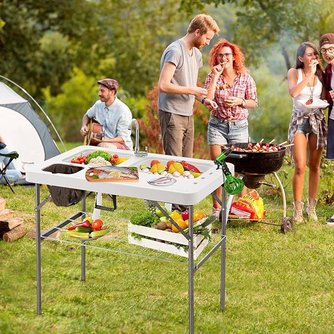GYMAX Fish Cleaning Table with 2 Sinks Folding Fish Fillet Cleaning Station with Faucet Drainage Hoses &amp Sprayer Portable Camping Table with Storage for Fishing Picnic