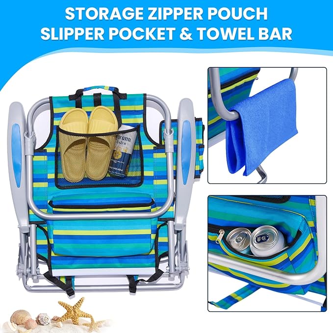 Portable Beach Chair for Adults Outdoor Camping Chair Lay Flat Folding Backpack Beach Reclining Chair with 5 Positions Headrest Cup Holder Heavy Ocean Striped