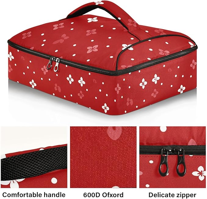 Casserole Carrier Red FlowersInsulated Casserole Carrier for Hot or Cold Food Thermal Lunch Tote for Potluck Parties Picnic Beach Fits 9 x 13 Inches Baking Dish