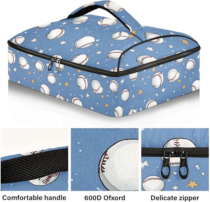 Casserole Carrier Baseballs and Stars PrintInsulated Casserole Carrier for Hot or Cold Food Thermal Lunch Tote for Potluck Parties Picnic Beach Fits 9 x 13 Inches Baking Dish