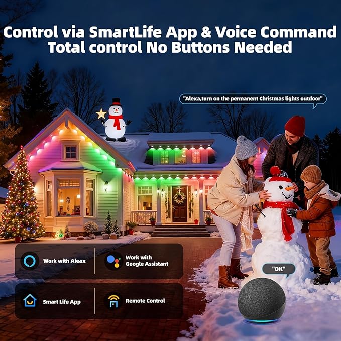 Permanent Outdoor Lights for House IP67 Waterproof with 96 RGB+IC House Lights 200ft Year Round Lights for House Outdoor DIY Scene for Halloween Christmas Decor Work with Google Assistant Alexa