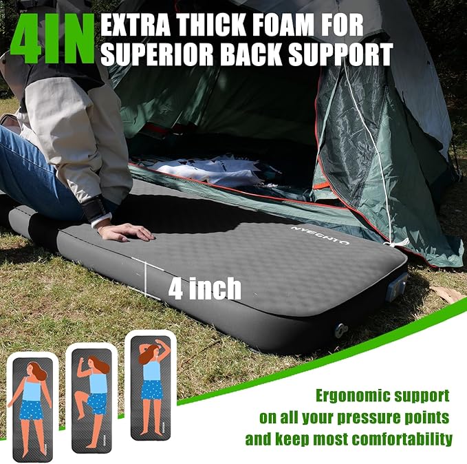 Self Inflating Sleeping Pad for Camping 4 Extra-Thick Memory Foam Camping Mattress with Electric Pump Fast Inflate &amp Deflate 9.5 R-Value Insulated Camping Pad for Car Travel Tent Cot Grey