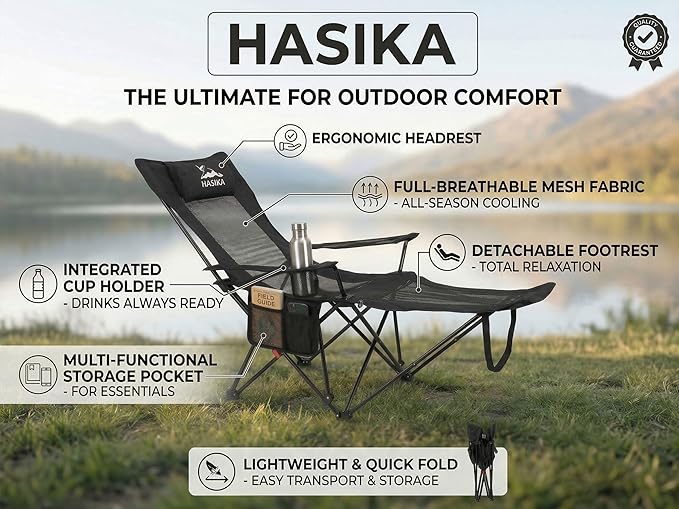 HASIKA Reclining Camping Chair with Footrest Ultra-Lightweight Portable Folding Lounge Chair for Outdoor Hiking Picnic Beach 4-Position Adjustable Back Support with Headrest &amp Carry Bag Black