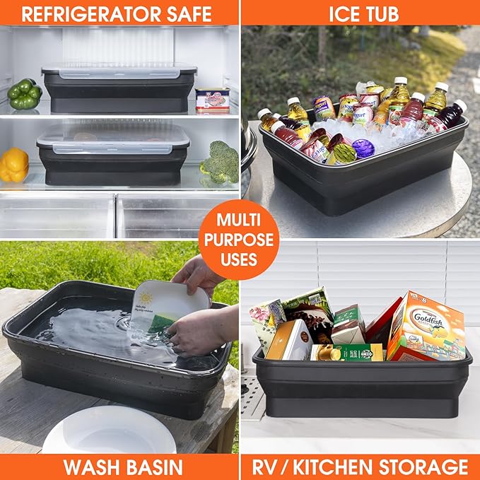 Silicone Collapsible Marinating Container with Lid for Meat 2.64Gal/10L Extra Large Collapsible BBQ Prep Tub Transparent Locking Lid XL Grill Prep Trays and Carry System BBQ Must-Have Black