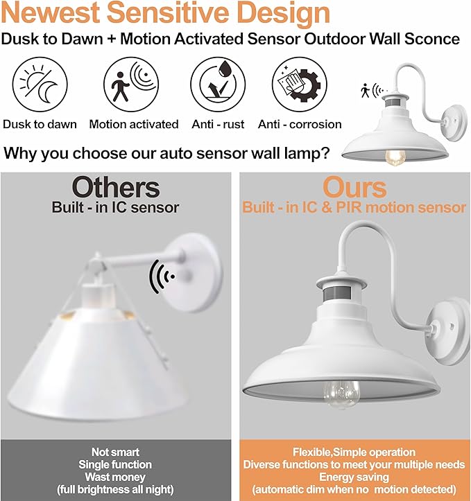 2 Pack Farmhouse Gooseneck Wall Sconce Barn LightsMotion Sensor and Dusk to Dawn Outdoor Wall Mount Lighting Fixtures3 Modes Exterior Porch Light IP65 Waterproof E26 Matte White Wall Lamp for Patio
