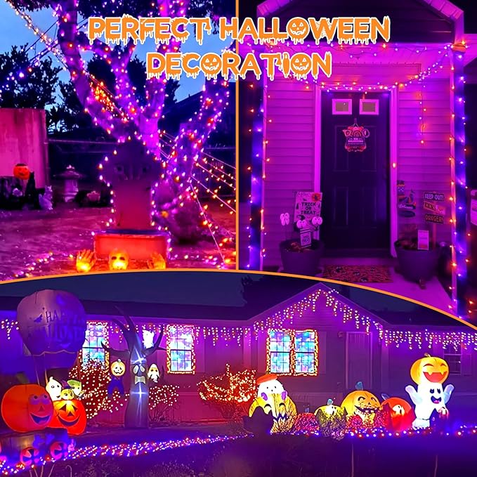 Connectable Purple and Orange Halloween Lights 2Pack 164ft 400LED 13 Modes Waterproof String Lights Plug in Twinkle Light with Timer Indoor/Outdoor for Tree Party Halloween Decorations