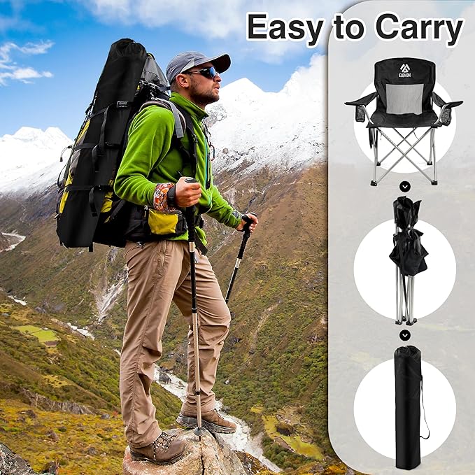 Elevon Folding Camping Chairs Portable Outdoor Beach Chair for Adults with Carry Bag &amp Cup Holder Foldable Lawn Chair with Mesh Backrest for Camp Fishing Hiking Travel Picnic Sports