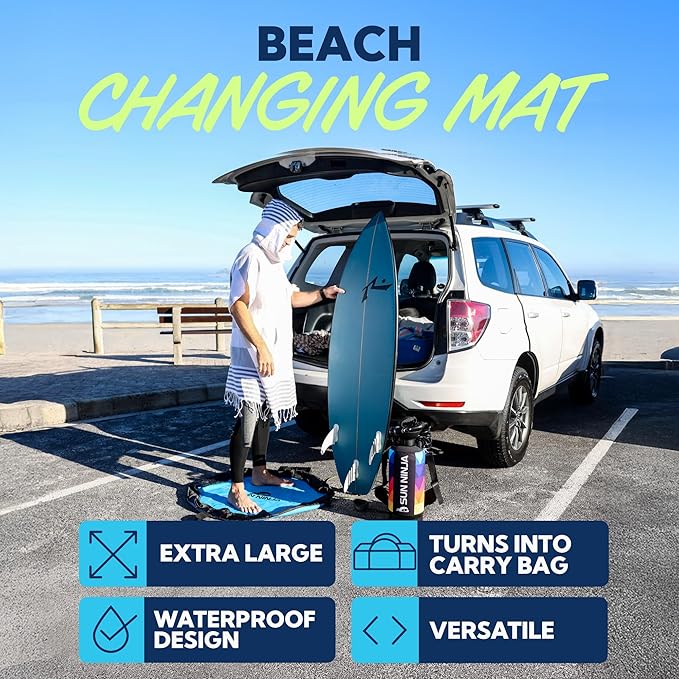 SUN NINJA Beach Changing Mat Bundle with Portable Camping Shower and Turkish Beach Towel (3 Items) - Sand-Free Quick-Dry Lightweight &amp Convenient