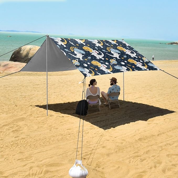 Camping Sun Shelters Astronaut Dinosaur Stars Planet in Space Beach Canopy 126 * 110.2in