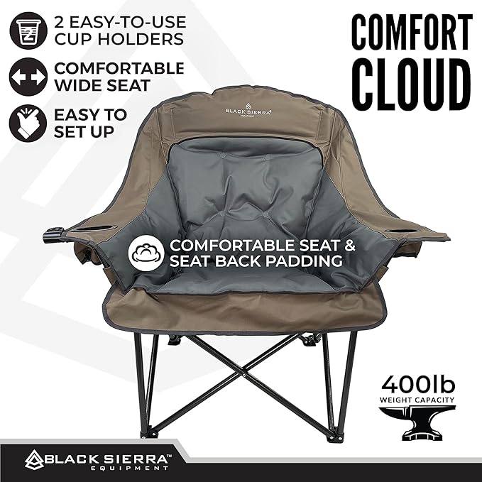 Black Sierra Oversized Camping Chair for Adults – 400 lb Heavy Duty Folding Chair with Cup Holders &amp Carry Bag