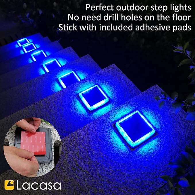 Lacasa Blue Solar Deck Lights 4 Pack Dusk to Dawn Large Battery Step Lights Big Solar Powered Waterproof Dock Lights LED Solar Lights Outdoor Garden Stair Driveway Walkway Pathway Warning Lamp