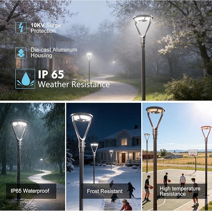 Lightdot Solar LED Post Top Lights Circular Area Light 5000K LED Parking Lot Light with Photocell Outdoor Pole Lights Fixture for Garden Yard Street Lighting - 4 Pack