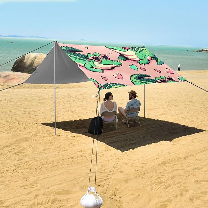 Cartoon Alligator Crocodiles Sunbathing Heart Glasses Pink Camping Sun Shelter Beach Tent Portable Beach Sun Shade Outdoor Canopy for Camping Trips Fishing Picnic