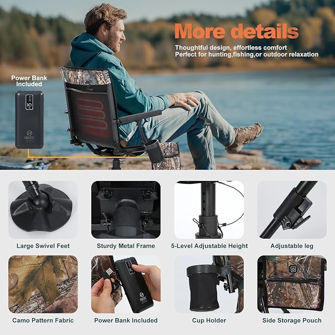 Nice C Heated Swivel Hunting Blind Chair 360 Degree Silent Swivel Chair with Battery Turkey Chairs Strutter Chairs 4 Legs Height Adjustable Power Bank Included Portable Ground Camping