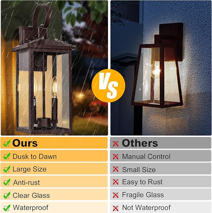 Extra Large Exterior Lighting Fixtures Bronze Dusk Till Dawn Outdoor Light Fixture 2-Light Outdoor Wall Fixture with E12 Socket 18 Porch Light Fixtures for House Garage Patio Door Backyard
