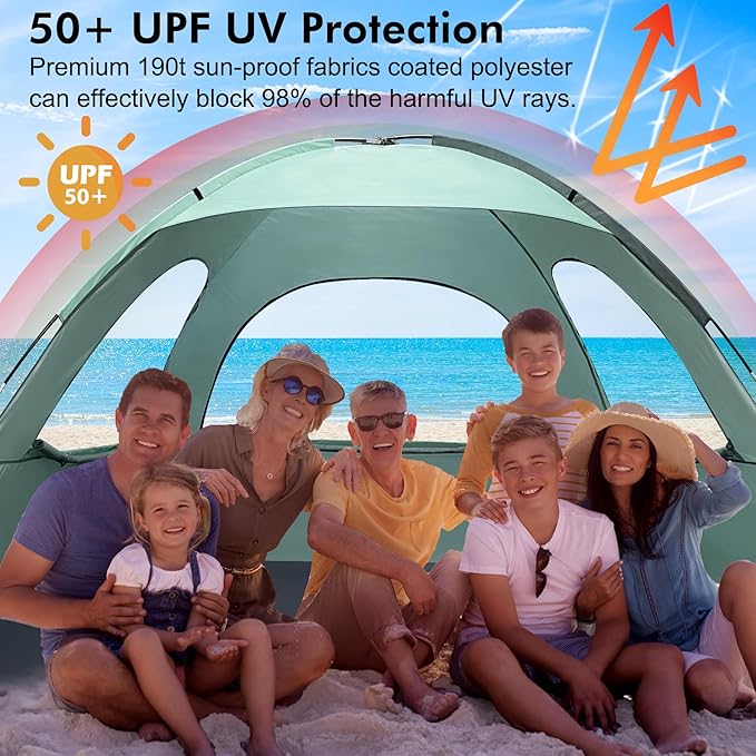 WhiteFang Beach Tent Anti-UV Portable Sun Shade Shelter for 3/4/6/8 Person Extendable Floor with 3 Ventilating Mesh Windows Plus Carrying Bag Stakes and Guy Lines