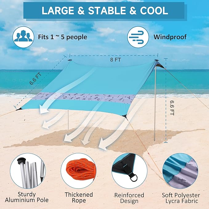VILLEY Beach Tent Sun Shelter with UPF50+ Protection for 5 Person 8x7FT Portable Sun Shade with 2 Stability Poles and 4 Sandbags Outdoor Beach Canopy for Camping Picnics Fishing Outdoors(Blue)