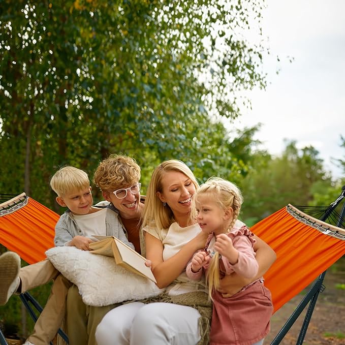 Tranquillo Sturdy Steel Hammock with Stand Premium Cotton Canvas Hammock 600 lbs Capacity Hammock Stand Folding Portable 30-Second Fold Unfold Hammock for Camping Orange