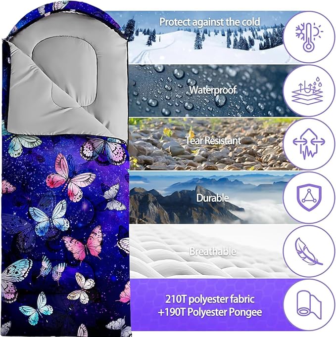 Sleeping Bags for Adults Youth Kids3D Printing Camping Sleeping Bag for Girls Boys Lightweight Waterproof Cold/Warm Weather Sleeping Bag for 3 Seasons