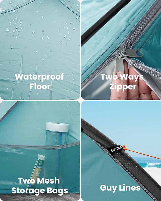 OutdoorMaster Update Beach Tent Sun Shelter with 2 Ventilated Doors UPF50+ Easy Setup Beach Tent Canopy for 3 Person Portable Family Beach Umbrellas for Sand with Carrying Bag - Pale Green