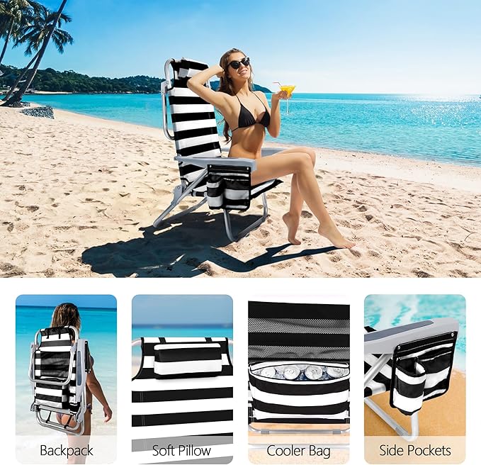 Beach Chair for Adults 5 Position Lay Flat Backpack Beach Chair with Cooler Cup Holder and Storage Bag Portable Folding Heavy Duty Beach Lounger for Outdoor Lawn Camping Festivals-Pink Stripe