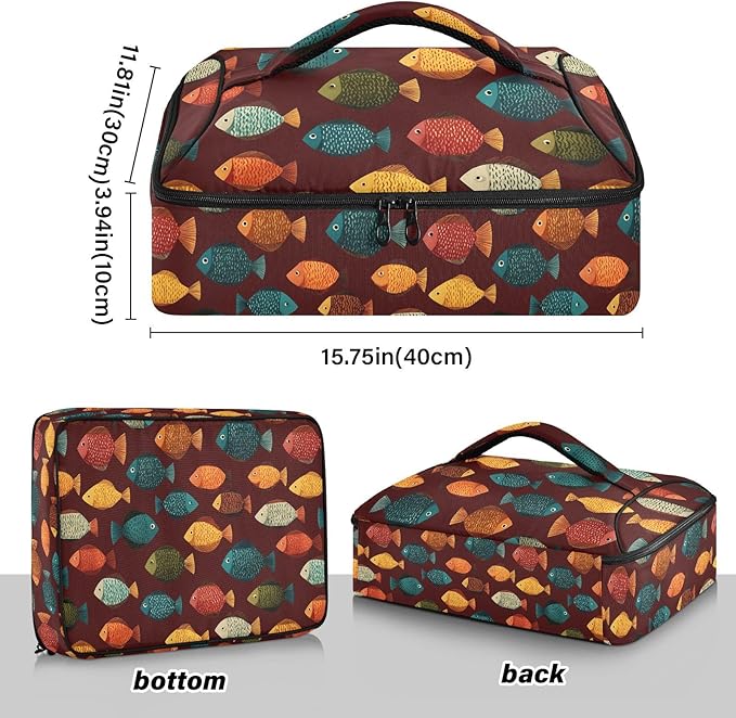 Casserole Carrier Colorful Cartoon FishInsulated Casserole Carrier for Hot or Cold Food Thermal Lunch Tote for Potluck Parties Picnic Beach Fits 9 x 13 Inches Baking Dish