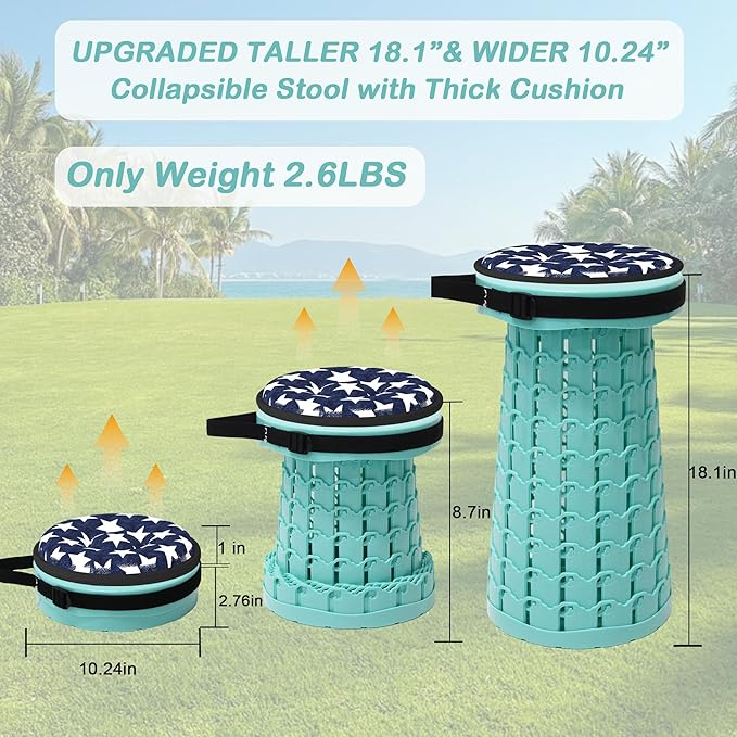 ALEVMOOM Upgraded Collapsible Stool with Thickened Cushion 18.1600Lbs Max Weight Wider &amp Taller Pop Up Stool Heavy Duty Portable Retractable Folding Chair or Travel Foot Rest for Camping Outdoo