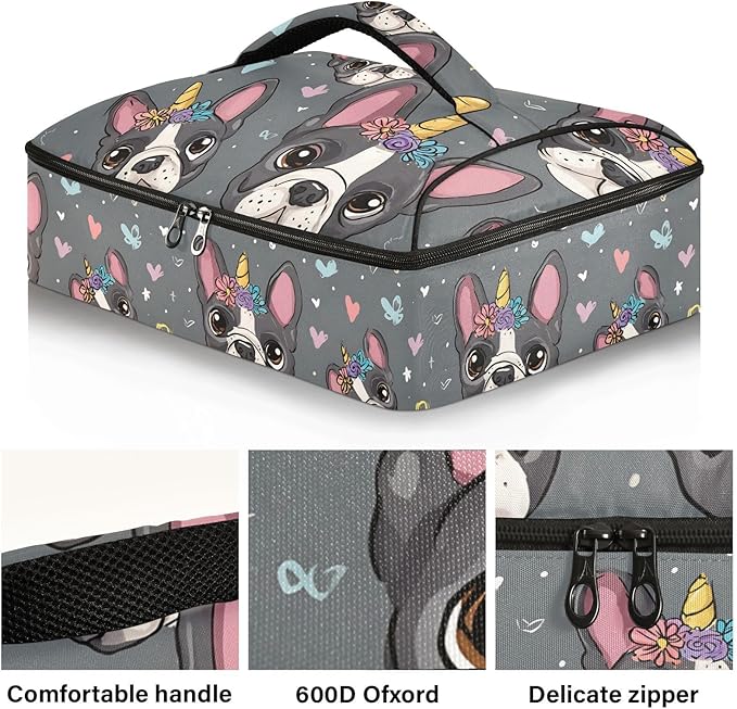 Casserole Carrier Cute Cartoon BulldogInsulated Casserole Carrier for Hot or Cold Food Thermal Lunch Tote for Potluck Parties Picnic Beach Fits 9 x 13 Inches Baking Dish